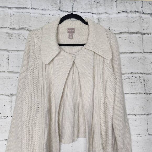 Chico's Womens Beige One Button Long Sleeve Knit Cardigan Sweater Sz 2 Large 12 - Picture 2 of 13